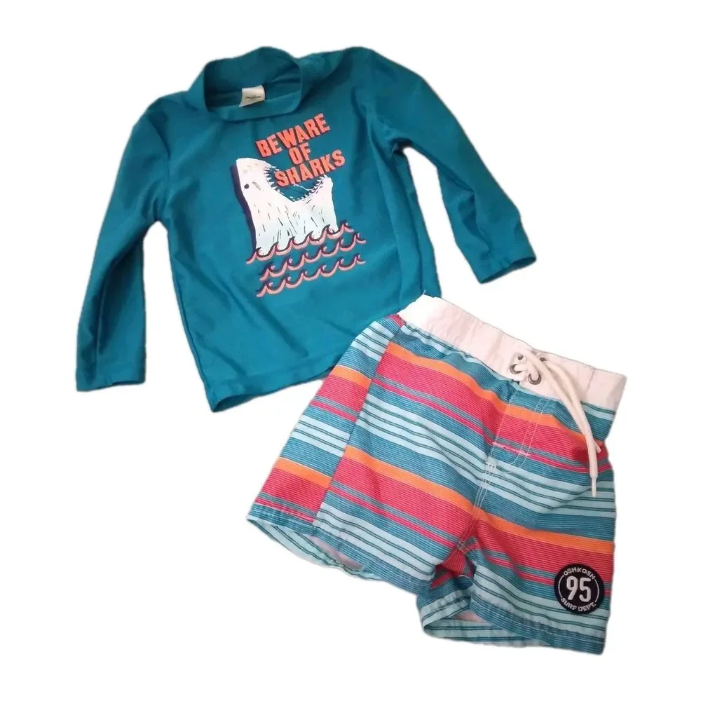 Oshkosh Bgosh Boys Swim Set Size 24m Rash Guard Top Trunks Shark Beach Ocean Hat
